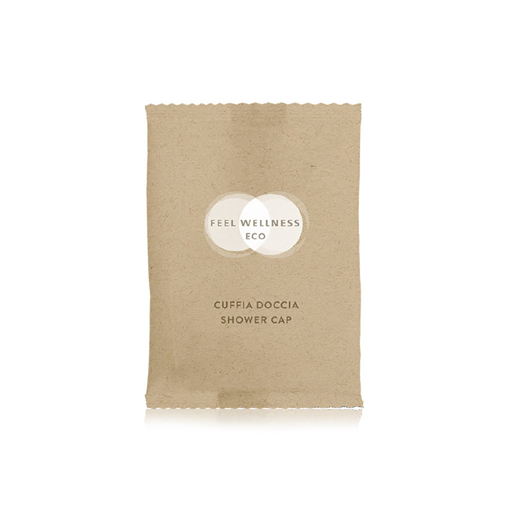 CUFFIA DOCCIA IN FLOWPACK IN CARTA RICICLATA FEEL WELLNESS ECO - SCATOLA 10 CONFEZIONI da 100 FLOWPACK (tot. 1000 PEZZI)