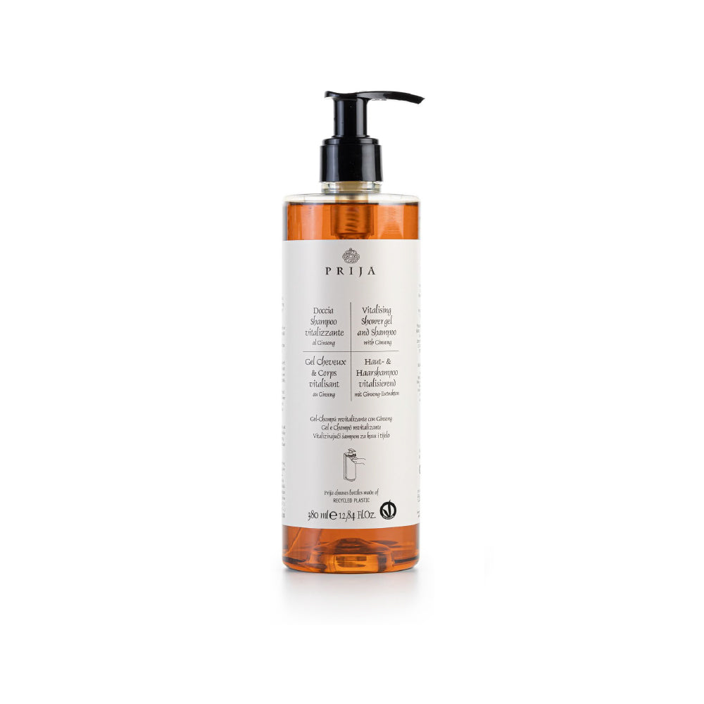 SHAMPOO DOCCIA VITALIZZANTE PRIJA GINSENG - FLACONE RICARICABILE, CON POMPA SVITABILE - SCATOLA DA 18 FLACONI da 380 ml