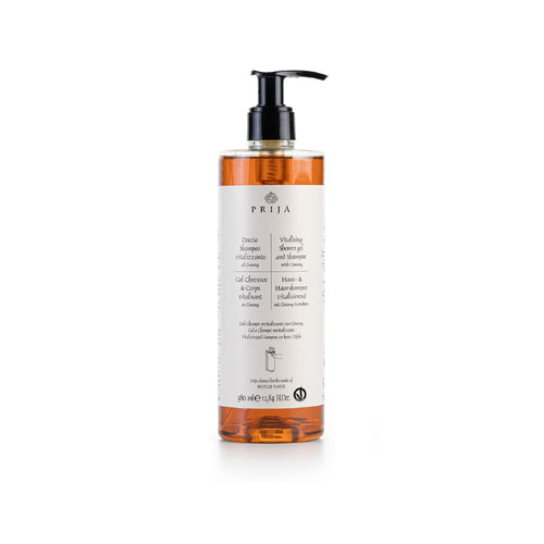 SHAMPOO DOCCIA VITALIZZANTE PRIJA GINSENG - FLACONE RICARICABILE, CON POMPA SVITABILE - SCATOLA DA 18 FLACONI da 380 ml
