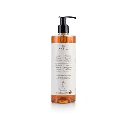 SHAMPOO DOCCIA VITALIZZANTE PRIJA GINSENG - FLACONE RICARICABILE, CON POMPA SVITABILE - SCATOLA DA 18 FLACONI da 380 ml