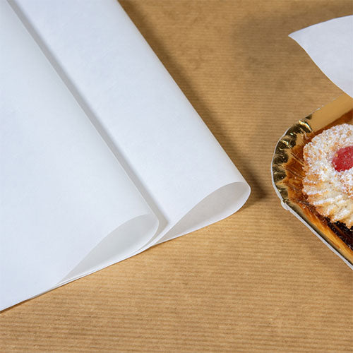 CARTA PELLEAGLIO BIANCA IN FOGLI PER VASSOI PASTICCERIA, PANIFICI, BAR - VARIE DIMENSIONI