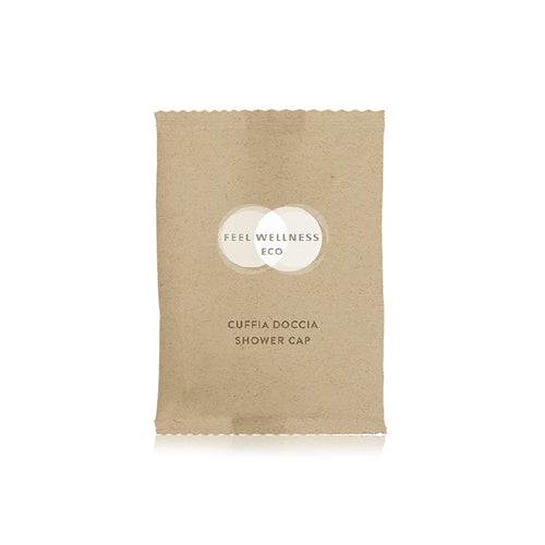 CUFFIA DOCCIA IN FLOWPACK IN CARTA RICICLATA  FEEL WELLNESS ECO - SCATOLA 10 CONFEZIONI da 100 FLOWPACK (tot. 1000 PEZZI)