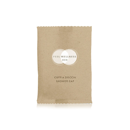 CUFFIA DOCCIA IN FLOWPACK IN CARTA RICICLATA  FEEL WELLNESS ECO - SCATOLA 10 CONFEZIONI da 100 FLOWPACK (tot. 1000 PEZZI)