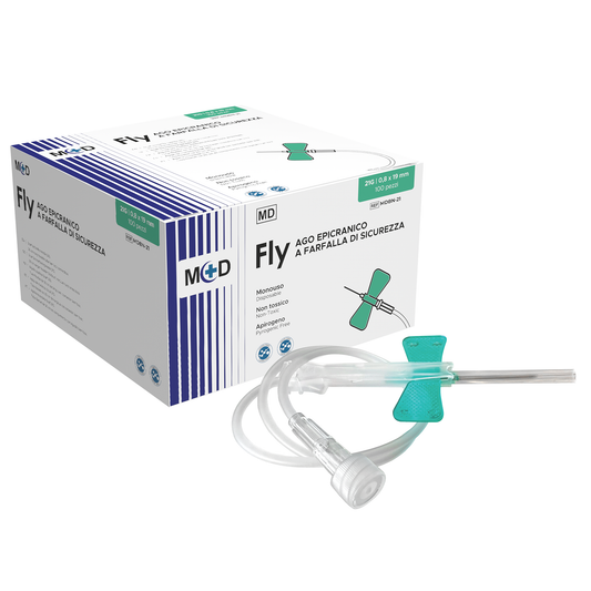 FLY DI SICUREZZA - Ago epicranico a farfalla, con tubo in PVC e raccordo luer lock. Con sistema di sicurezza. Vari formati - Confezione da 50 pezzi