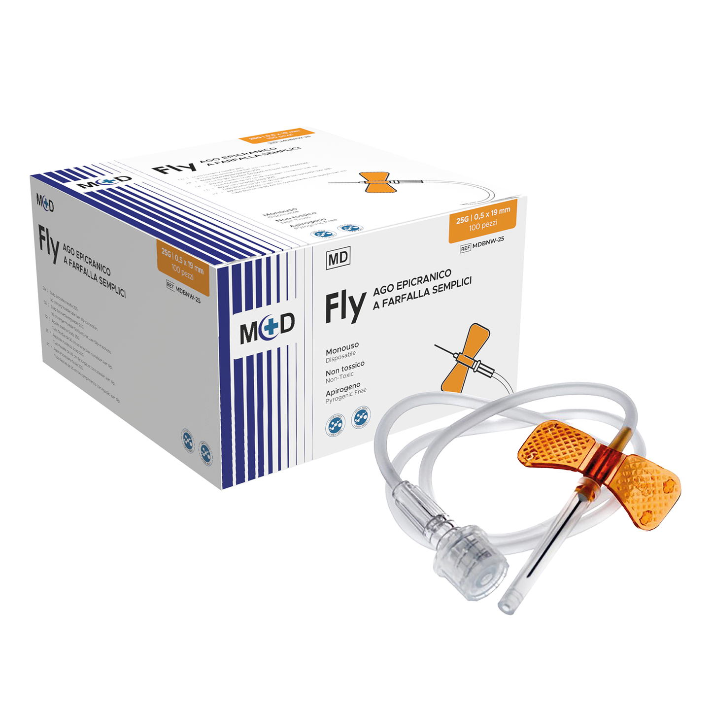 FLY SEMPLICE - Ago epicranico a farfalla, con tubo in PVC e raccordo luer lock - Vari formati - Confezione da 100 pezzi