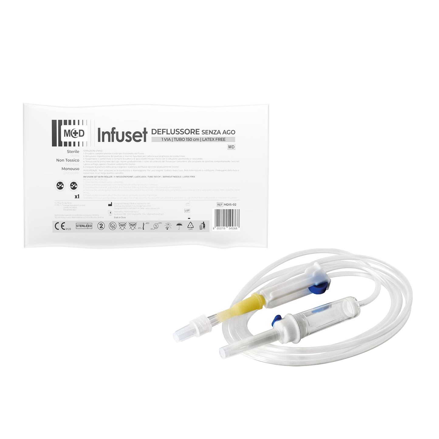 INFUSET 1 VIA - Deflussore per infusioni, tubo da 150 cm - Confezione da 25 pezzi