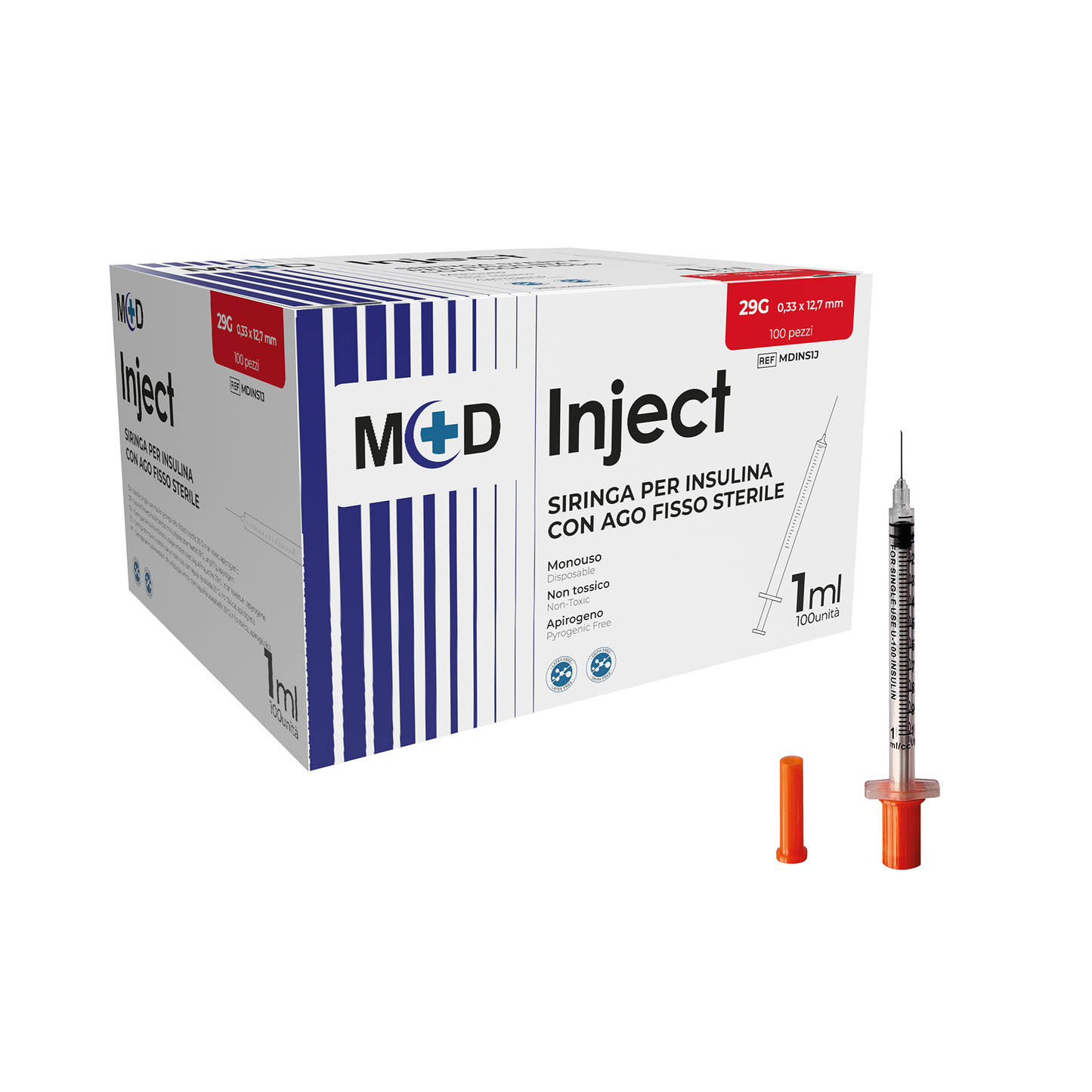 INJECT INSULINA - Siringa 1ml da INSULINA con AGO -29 G -  Confezione da 100 pezzi