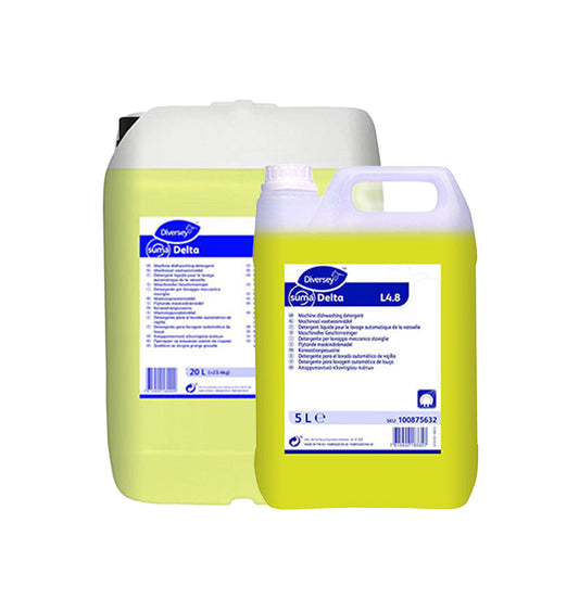 DIVERSEY - SUMA DELTA L4.8 - Detergente alcalino concentrato ad elevato contenuto di sequestranti per il lavaggio meccanico delle stoviglie, indicato per acque dure. Formati lt 20 e lt 5